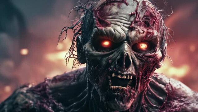 animation - Terrifying zombie with glowing red eyes and gruesome features