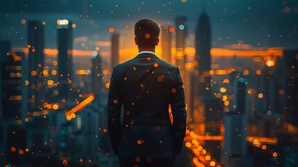 A man in a suit standing on a rooftop overlooking a city at night.