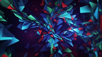 Colorful Abstract Background with Triangles and Festive Elements like Christmas Decorations, Gifts, Bows, and Shiny Gems in Blue and Silver Tones