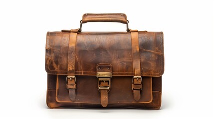 Brown style leather classic briefcase, luggage on white background