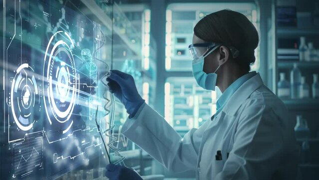 animation - Scientist analyzing DNA structure with digital interface in lab