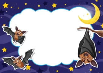 Tapeten Kinder Cartoon bats flying under a crescent moon at night.