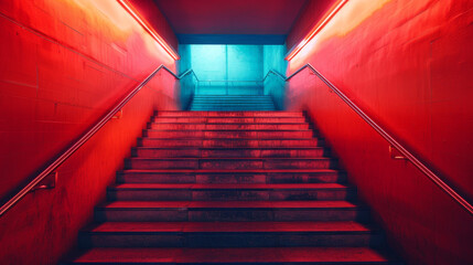 A red staircase with neon lights on the wall