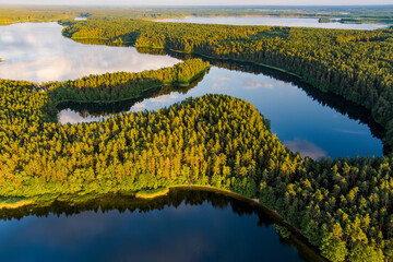 Scenic aerial view of Sciuro Ragas peninsula, separating White Lakajai and Black Lakajai lakes. Picturesque landscape of lakes and forests of Labanoras Regional Park, Lithuania.