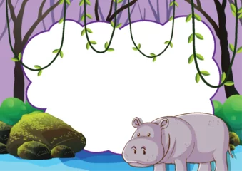 Tapeten Kinder Cartoon hippo standing near a water pond