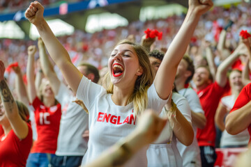 English football soccer fans in a stadium supporting the national team, Three Lions
