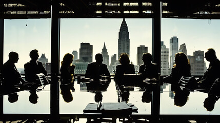 High-powered business meeting, diverse professionals gathered around a high-tech table, city skyline view - (2)