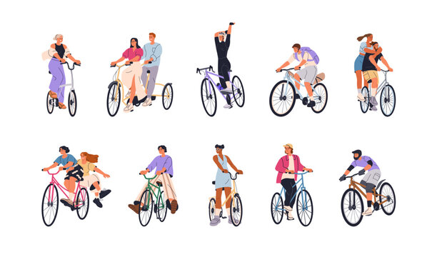 Fototapeta Happy characters on bicycles set. Young active people bikers enjoying bike ride. Excited joyful funny cyclists in motion, pedaling, cycling. Flat vector illustration isolated on white background