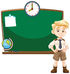 Cartoon boy scout standing in front of chalkboard