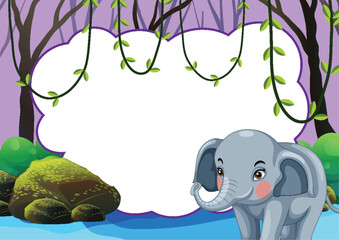 Cartoon elephant near a pond with lush background.