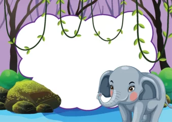 Foto op geborsteld aluminium Kinderen Cartoon elephant near a pond with lush background.