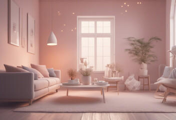 Cozy light home interior mock-up in pastel colors 3d render