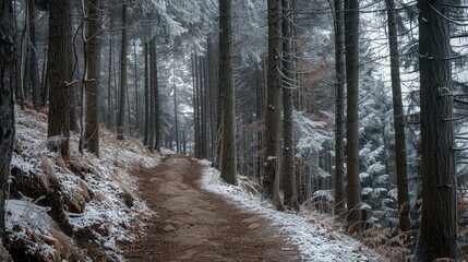 Mountain forest in winter along a popular hiking trail