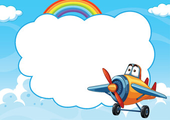 Colorful airplane with eyes flying in a cloudy sky.