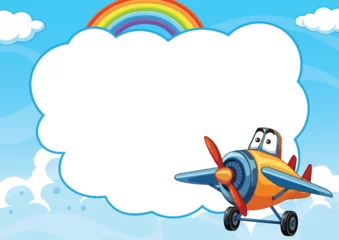 Badkamer foto achterwand Kinderen Colorful airplane with eyes flying in a cloudy sky.