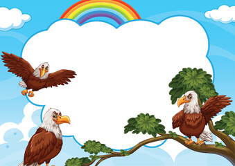 Three eagles near a tree under a colorful rainbow