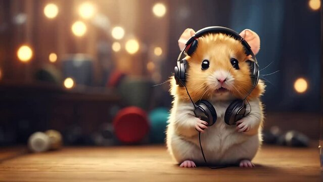 cute hamster wearing headphones cartoon