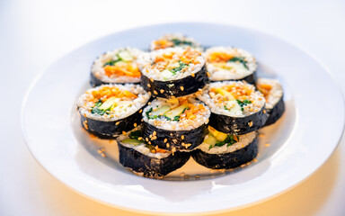 closeup view of Korean food Kimbap rolling rince on a plate