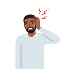 Young black man having headache, migraine. Flat vector illustration isolated on white background