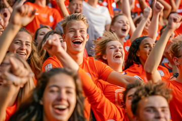 Dutch football soccer fans in a stadium supporting the national team, Oranje 
