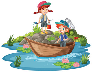 Two kids fishing together in a small boat