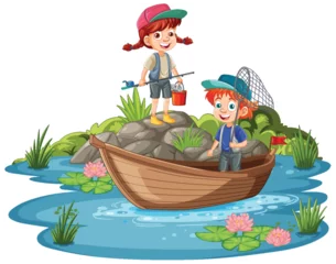 Schapenvacht deken met foto Kinderen Two kids fishing together in a small boat