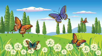 Colorful butterflies flying above dandelion field