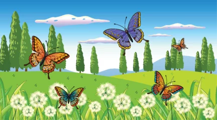 Badkamer foto achterwand Kinderen Colorful butterflies flying above dandelion field