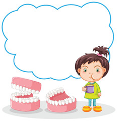 Young girl with large model teeth and thought bubble.