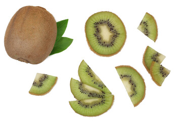 Kiwi fruit and slices isolated on a white background, top view