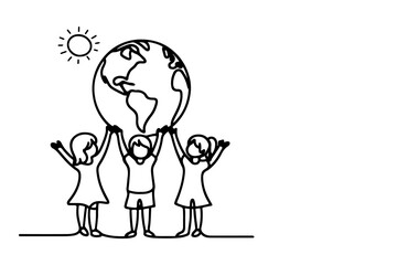 Fototapeta na wymiar Continuous one line drawing smiling children holding earth globe outline doodle linear happy children day concept vector on white