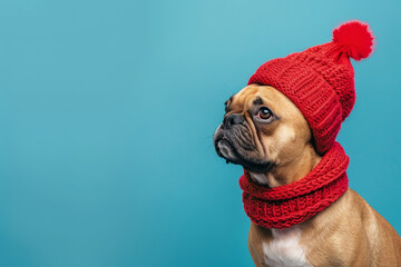 Portrait of a dog in a red knitted hat and scarf is a place for text. Advertisement. The banner.