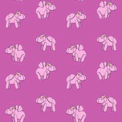 Seamless pattern with pink toy hippo with wings. Colored vector background.
