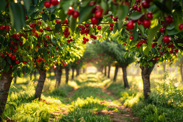 Fototapeta na wymiar Beautiful cherry orchard. Red, clean, sweet-ripe cherries on the tree. Harvest time