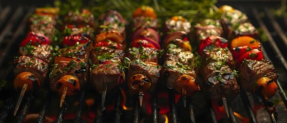 Create digital art of beef shish kabobs grilling using neural network. Concept Food Art, Grilling Illustration, Neural Network Imagery, Culinary Creativity, Digital Design