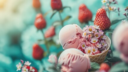 Strawberry ice cream scoop with fresh strawberries and mint. Generative AI - 794976309