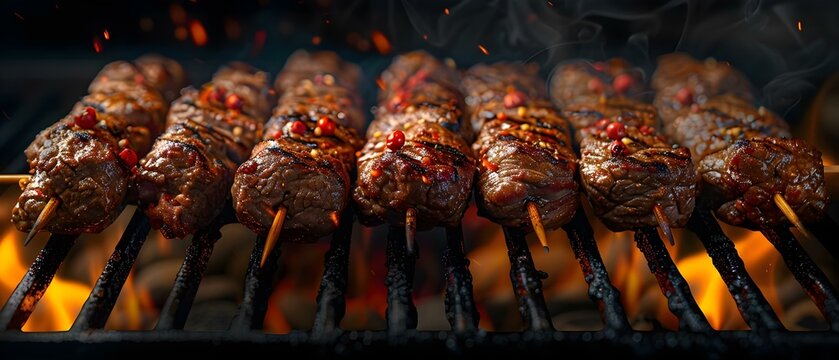 Create digital artwork of beef shish kabobs being grilled with the help of neural networks. Concept Food Art, Digital Painting, Grilling, Neural Networks, Culinary Creativity