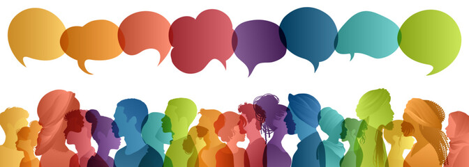 Communication across diverse cultures -  Multicultural dialogue represented by colored silhouette and speech bubbles of multiethnic individuals. Diversity equality inclusion concept