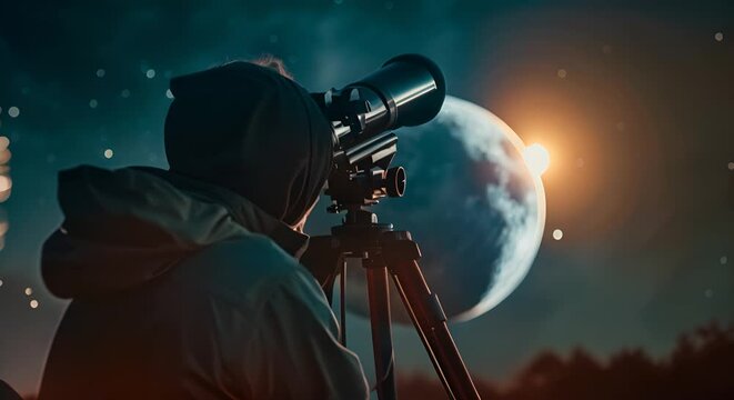 Space enthusiast livestreaming a telescope view of a lunar eclipse