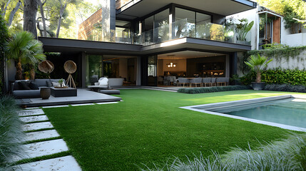Luxurious Modern Home Patio with Pool and Garden