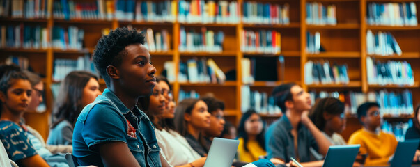 Diverse Students Engaged in Learning at University Library