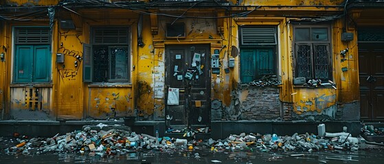 Cluttered building with trash symbolizing neglect and urban decay. Concept Urban Decay, Neglected Buildings, Trash Disposal, Neglected Infrastructure, Environmental Decay