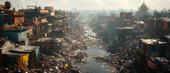 Hyperrealistic urban scene with slums and landfill in futuristic setting 16k render. Concept Futuristic Urban Landscape, Hyperrealistic Slums, 16K Render, Landfill Environment