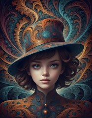 Elegant woman in decorated hat with swirling patterns, Generative AI.