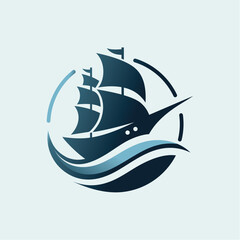 Ship at sea logo. Ship logo and waves in circle