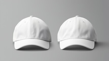 two white baseball caps. plain baseball cap for mockup with grey background