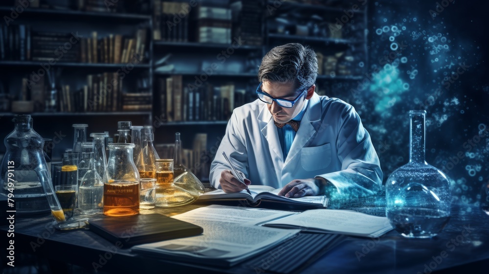 Poster A scientist meticulously collects data from a series of experiments, their notes filling pages of a laboratory notebook.