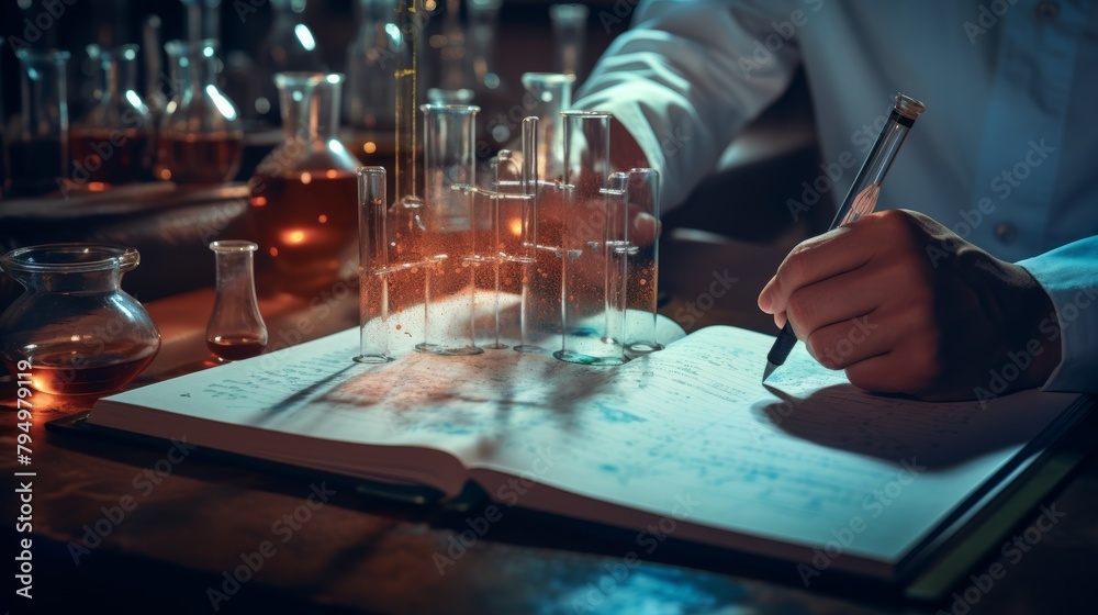 Poster A scientist meticulously collects data from a series of experiments, their notes filling pages of a laboratory notebook.