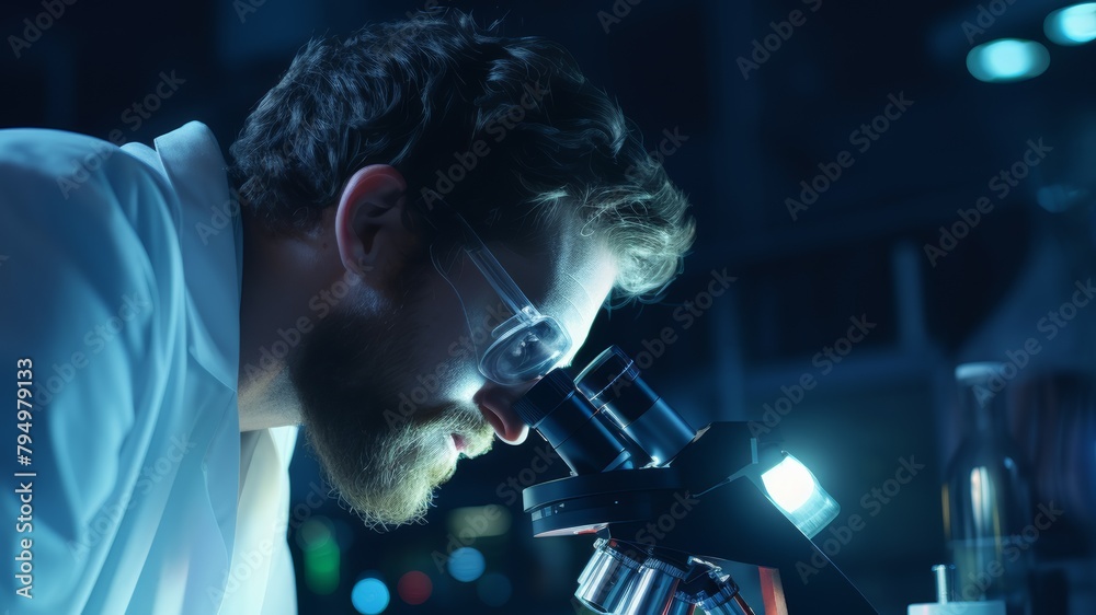 Poster a scientist meticulously examines a blood sample under a microscope, their face illuminated by the s