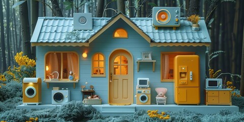 Whimsical smart home hub in the shape of a cozy cottage with appliances peeking from windows - obrazy, fototapety, plakaty